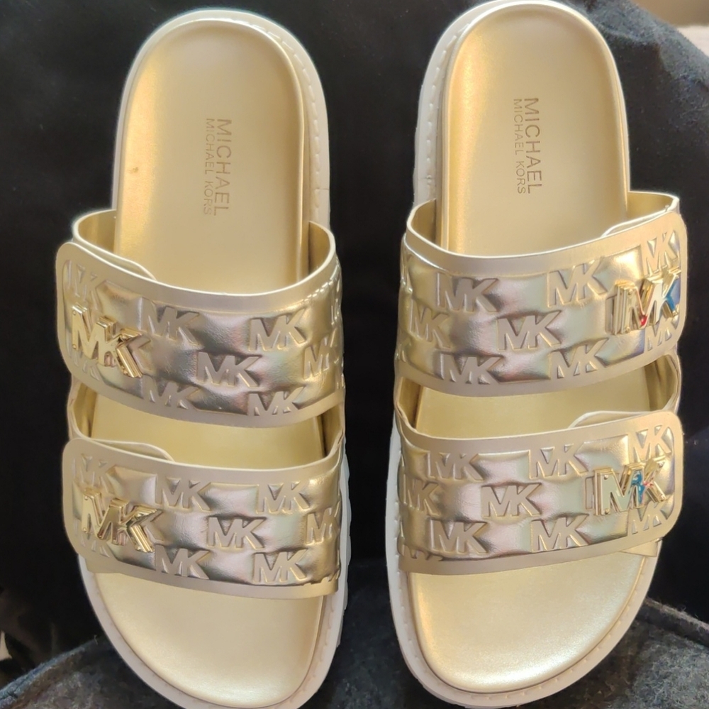 Michael Kors Metallic Gold MK Slide Sandals